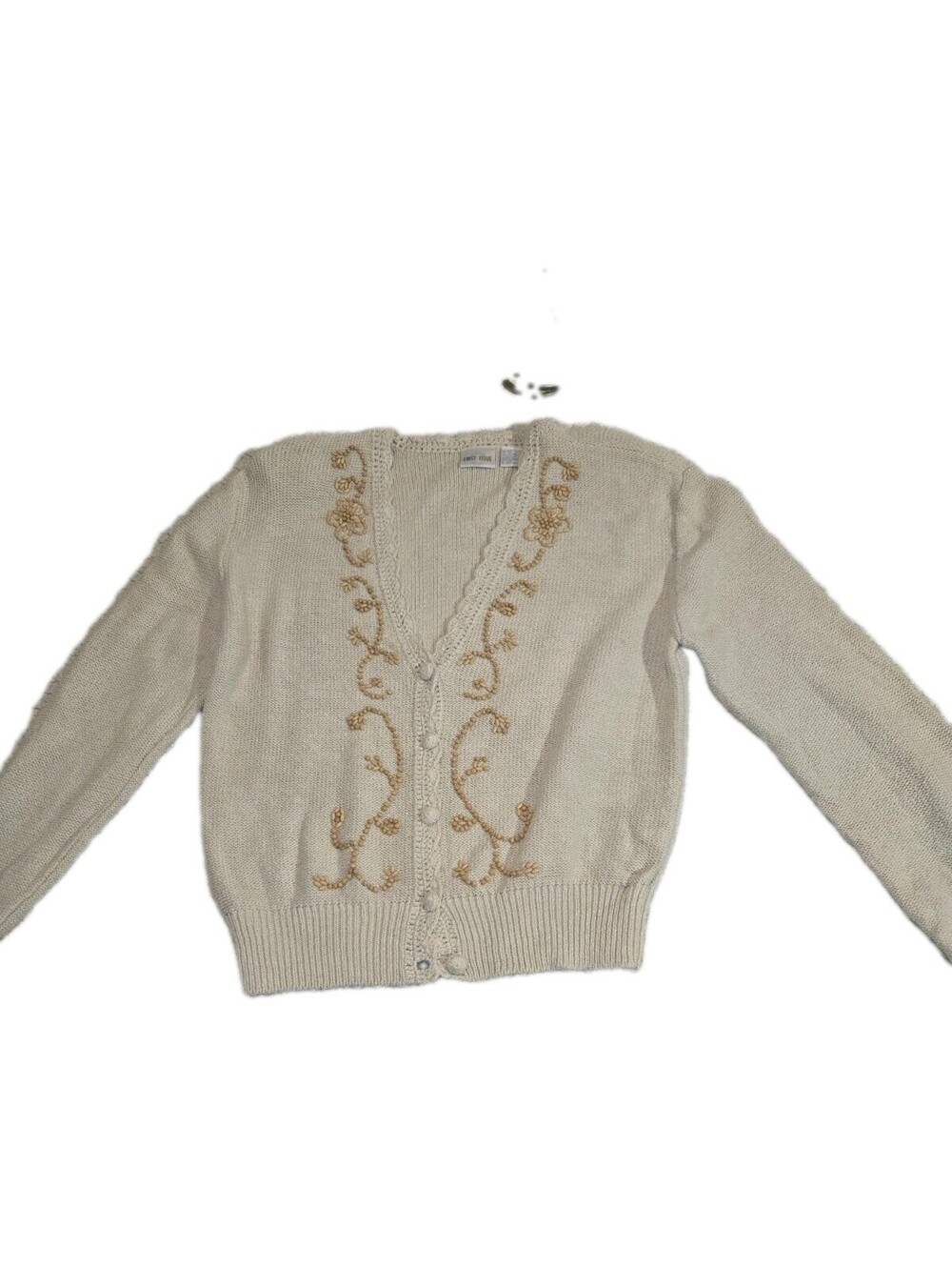 Vintage Cardigan Silk Cotton Wood Beading Floral Design Hong Kong Sz L Granny